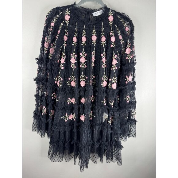 NWT Mac Duggal 8031 Black Embroidered Long Flare Sleeve A-Line Mini Dress Size 4 - Picture 4 of 7